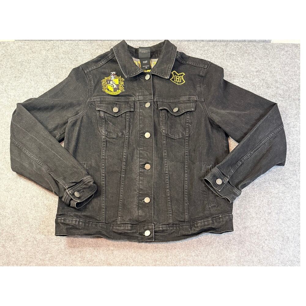 Official Harry Potter Hufflepuff Black Denim Jacket Large Women's Spellout - Picture 3 of 7